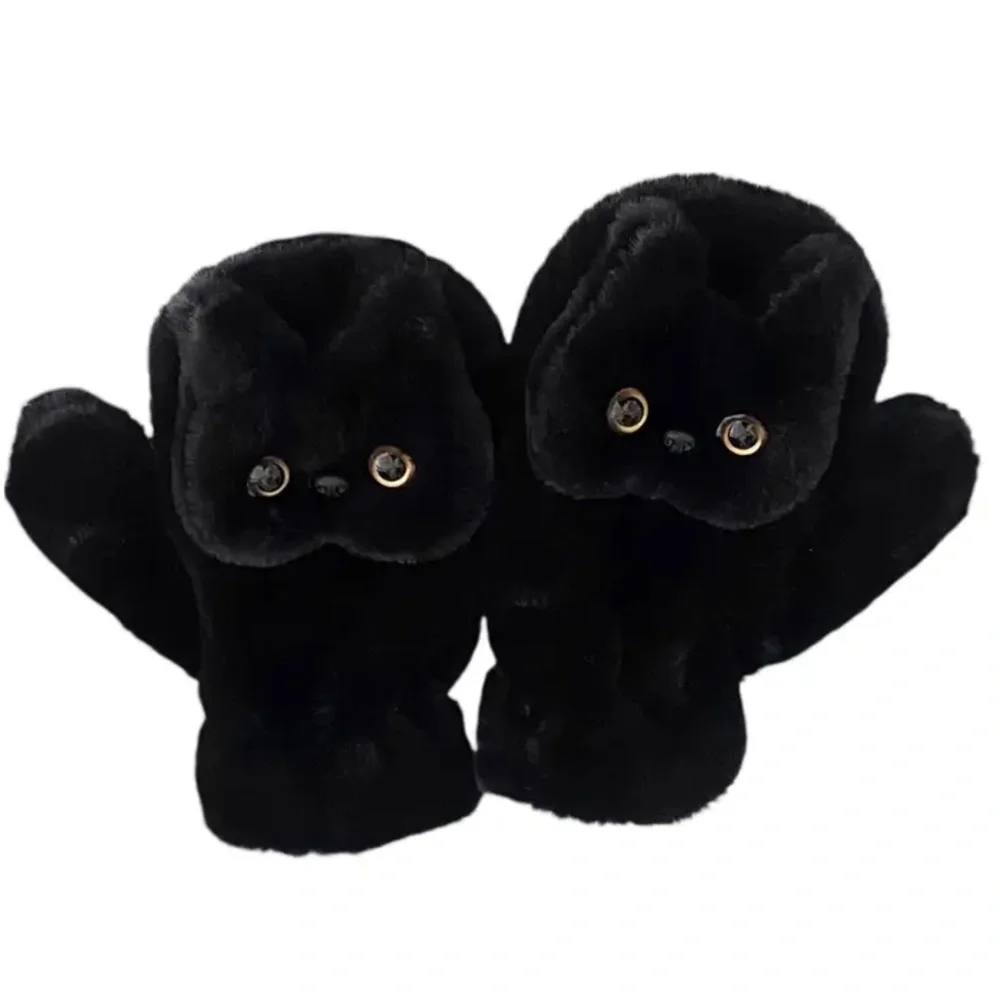 NWT! Gorgeous Ebony Black Silky and Furry Black Cat Mittens for Adults!